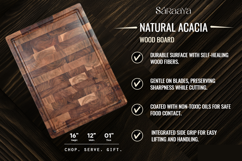 Acacia End Grain Cutting Board – Premium Wooden Chopping / Serving Board with Juice Groove