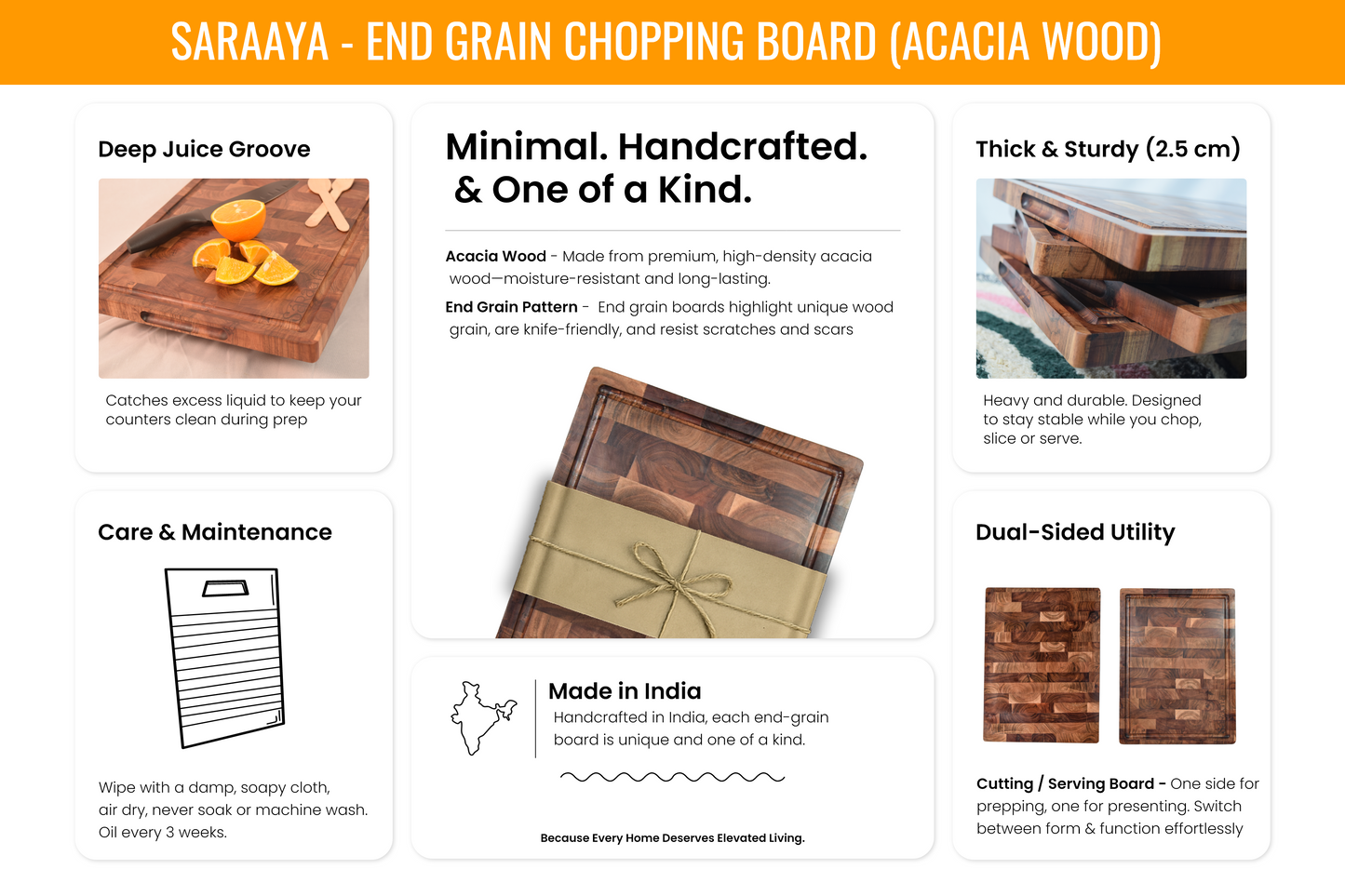 Acacia End Grain Cutting Board – Premium Wooden Chopping / Serving Board with Juice Groove